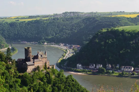 Aerial view of Castle Katz and River Rhine in Germany