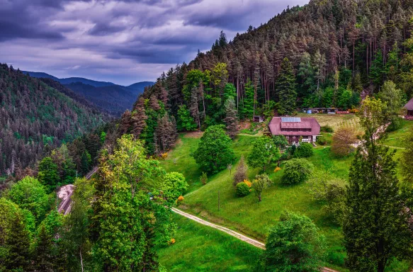 Aerial of the Black Forest with dark clouds in Schwarzwald, Germany