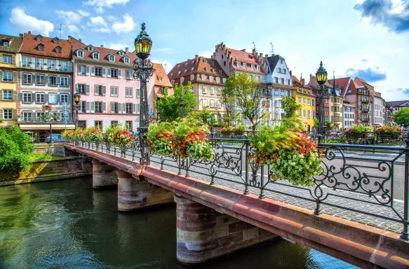 Pretty bridge across a waterways of Strasbourg, capital city of the Alsace region, France