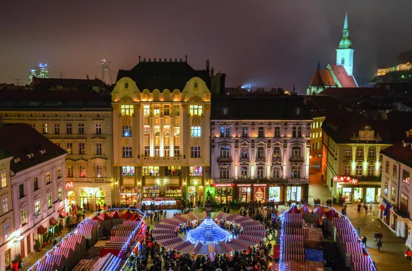 Night-time view of Bratislava Christmas market in Slovakia