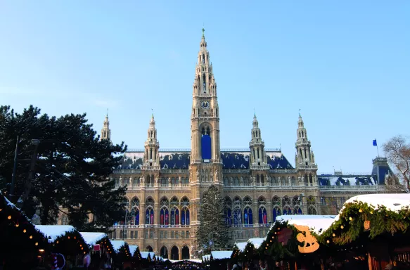 A view of Vienna Town Hall from the Christmas markets stalls, Austria