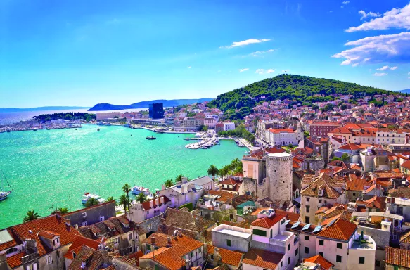 Split waterfront and Marjan hill aerial view, Dalmatia, Croatia