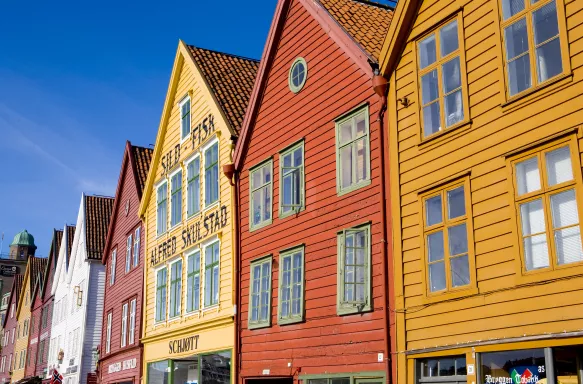 Row of brightly coloured Bryggen buildings in Bergen, Norway