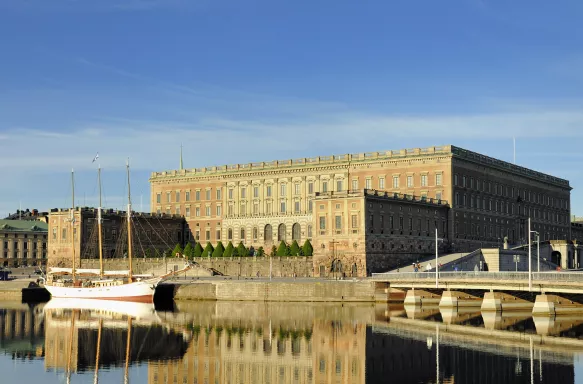 Morning view of The Royal Palace and river in Stockholm, Sweden.