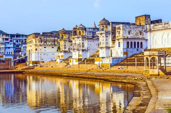 Lake view to the ghats of Pushkar city in Rajasthan, India