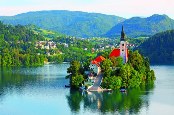 Santa Maria Church catholic church on an island in the centre of Lake Bled, Slovenia