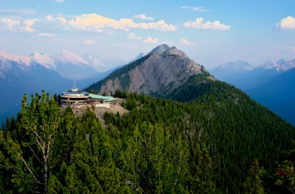 Large tree filled Sulphur Mountain with a building on the top of it, with snowy mountains in the background