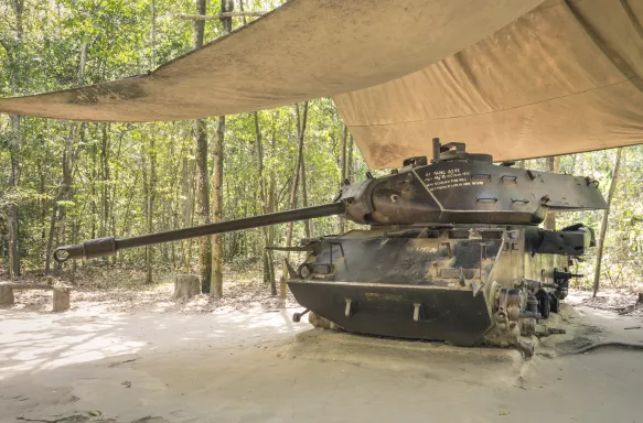 Displayed American M-41 Tank, a Vietnam War relic, outside the entrance to the Củ Chi tunnels, Vietnam