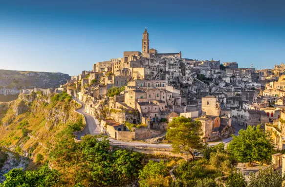 Panoramic view of the ancient town of Matera at sunrise in Basilicata, Italy