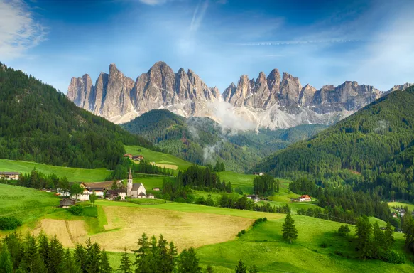 Countryside view of Santa Maddalena in National Park Puez Odle or Geisler summits. Dolomites, South Tyrol. Location Bolzano, Italy, Europe.