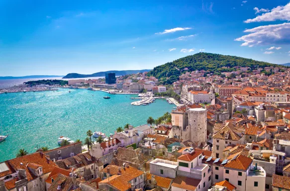 Split waterfront and Marjan hill aerial view, Dalmatia, Croatia