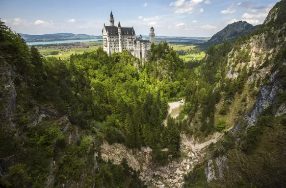 View of the Neuschwanstein fairytale like castle surrounded by greenery