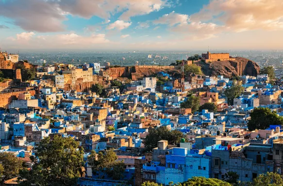 Aerial shot of Jodhpur town with blue and white buildings in Rajasthan, India