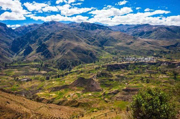 Colca Canyon and the surrounding Valley with green peaks and mountains, Peru