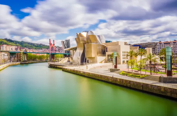 Cityscape of Bilbao with the Nervion river and Guggenheim museum in Bilbao, Spain