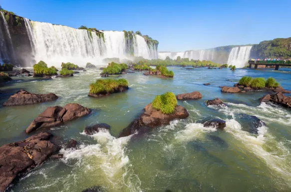 Green topped rocks at the base of Iguazu Falls in Argentina