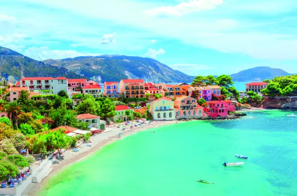 Assos village on Kefalonia Island and beautiful blue bay in Greece