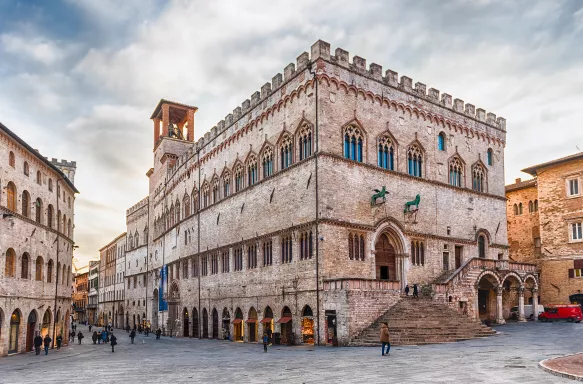 View of Palazzo dei Priori, historical building in the city centre of Perugia, Italy.