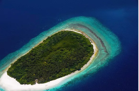 Aerial view of tropical island, Ariadhoo, in Alif Dhaal Atoll.