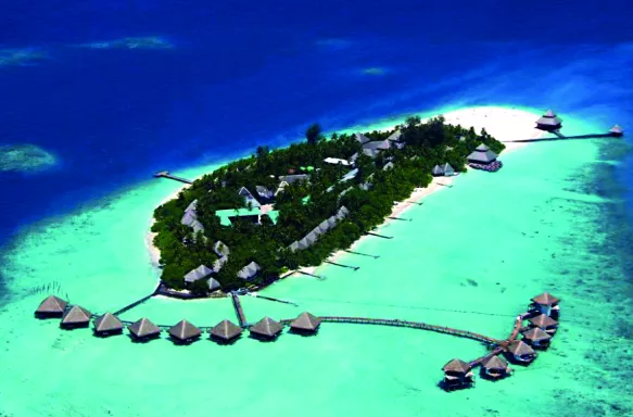 Adaaran Club Rannalhi resort, surrounded by turquoise waters in the Maldives