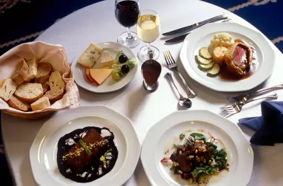 Close-up of dishes on dining table at restaurant aboard the Royal Clipper ship