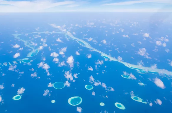 Aerial view on the islands and atoll from above near Mauritius