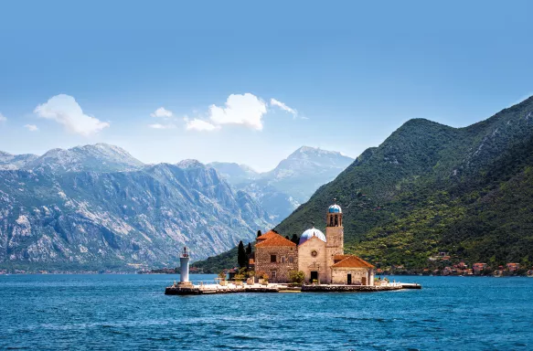 View of man-made island, 'Our Lady of the Rock' in the Bay of Kotor, Montenegro