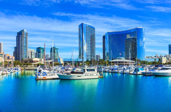 Skyscrapers of San Diego Skyline waterfront and harbor in California, USA