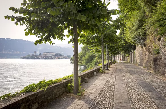 Waterfront in Orta San Giulio town and Lake Orta in Italy, Piedmont.