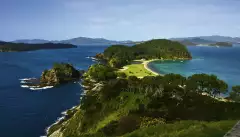 Aerial view of the Bay of Islands and the surrounding sea in New Zealand 