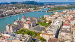 Aerial of Budapest city with view of the the Danube river in Hungary