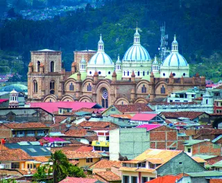 Colourful blue roofs on a cathedral in the town of Cuenca