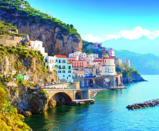 Morning view of Amalfi cityscape on coast line of the Mediterranean sea, Italy