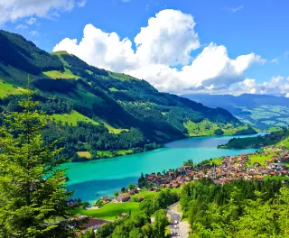 A scenic view or Swiss countryside as seen from a passing train