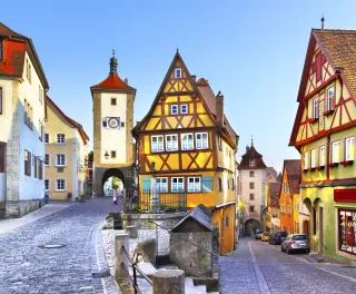 Colourful houses in Rothenburg ob der Tauber street in Bavaria, Germany