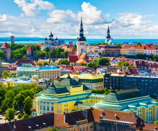 Brightly coloured houses in the European Old Town Tallinn, in Estonia