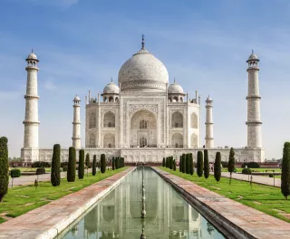 Front exterior view of the Taj Mahal in India