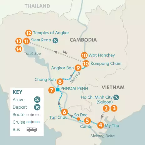 Map of Vietnam and Cambodia with the route of the upstream version of Riviera Travel's Journey on the Mekong itinerary