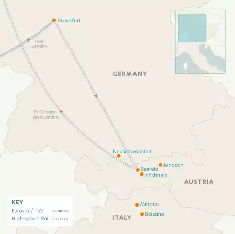 Railway map of the Eurostar between Italy, Austria and Germany.