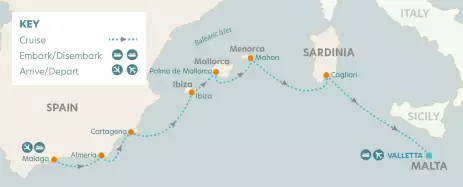 Route map Spain Balearics & Malta aboard Star Clipper