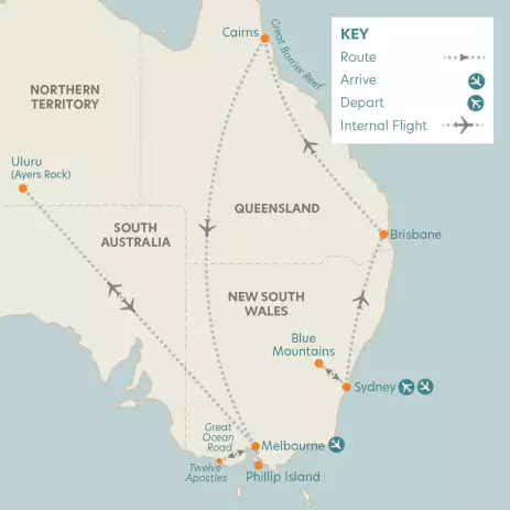 Highlights of Australia with Uluru Extension route map