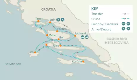 Map of cruise journey, arrivals and departures on the Split, Hvar & the Delights of Dalmatia cruise