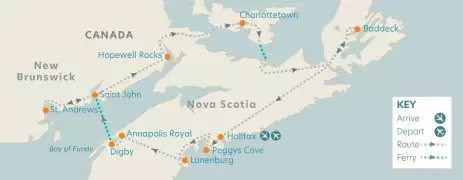 Airline map of arrivals and departures in Halifax, Canada