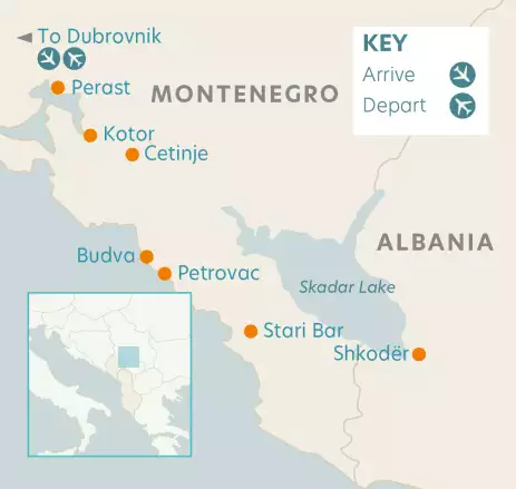 Route map showcasing locations across Montenegro and Albania