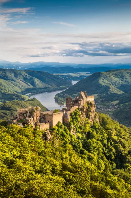 Aggstein castle with vegetation and the Danube river in Wachau, Austria