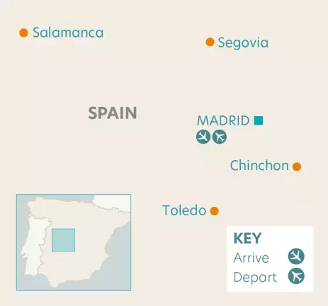 Airline map of arrivals and departures in Madrid, Spain