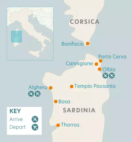 Airline map of arrivals and departures in Sardinia