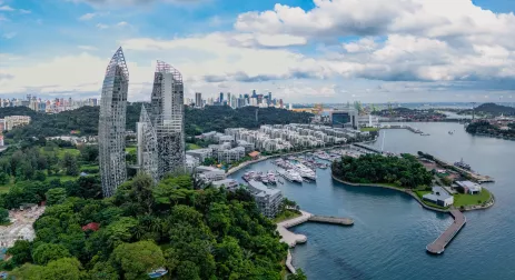 View of Singapore from above, including marina, greenery and skyscrapers