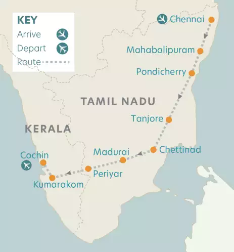 Route map of Southern India and the backwaters of Kerala Tour