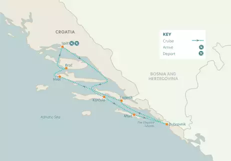 Route map of Split, Dubrovnik & the Splendours of Dalmatia tour